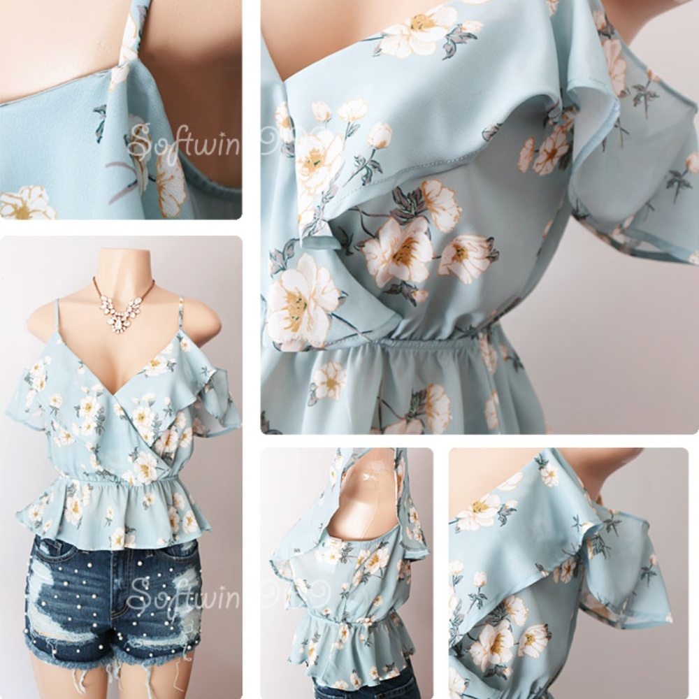 Light Blue Floral Ruffle Cold Shoulder Cropped Top - Picture 7 of 8